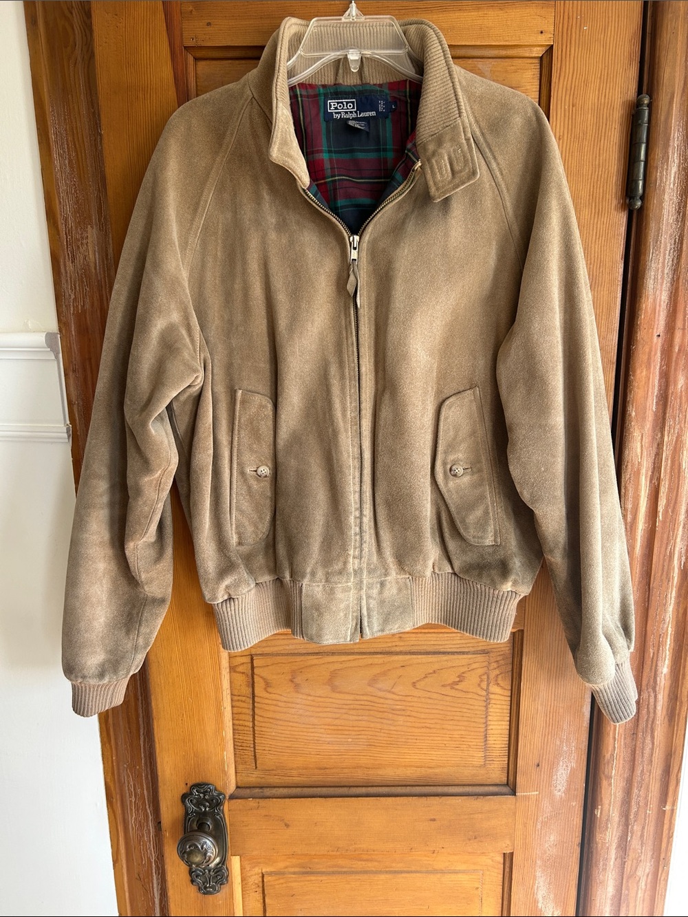Polo by Ralph Lauren Tan Suede Bomber Jacket with Plaid Lining